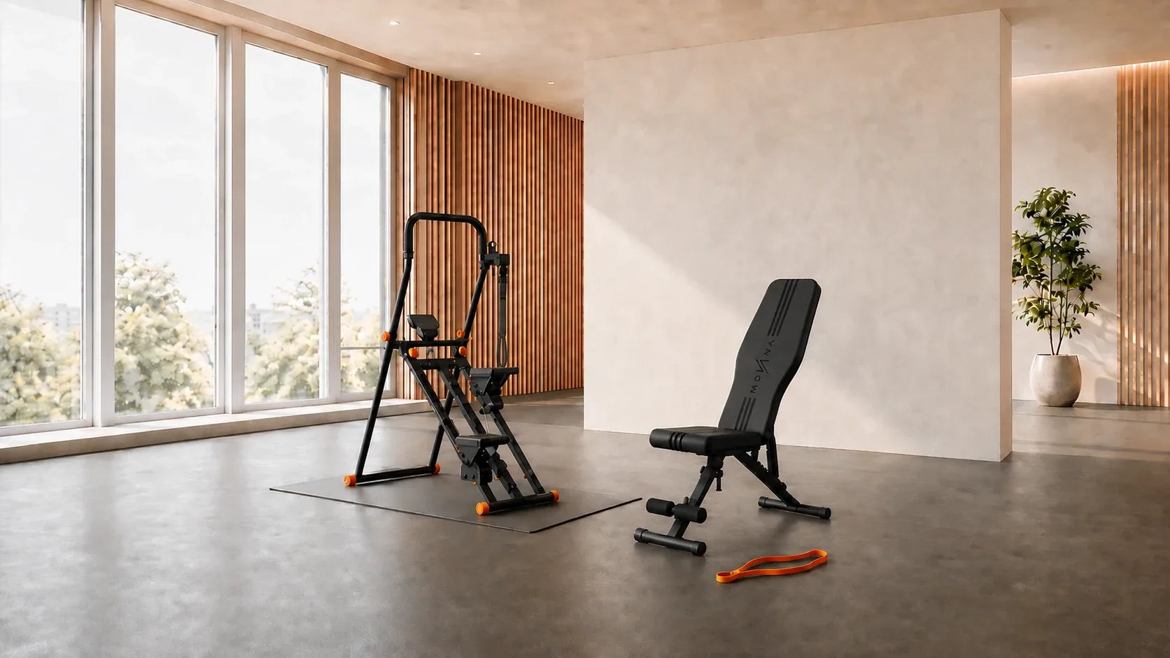 Movana Stairmaster und Hantelbank nebeneinander in einem hellen Wohnraum