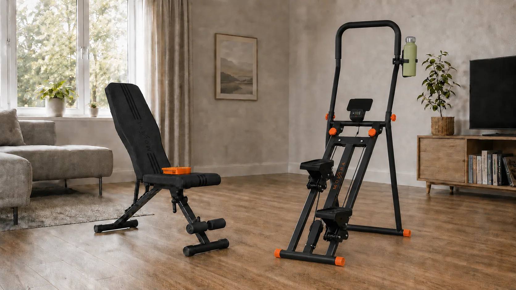 Hantelbank und Stairmaster in einem eingerichteten Wohnzimmer