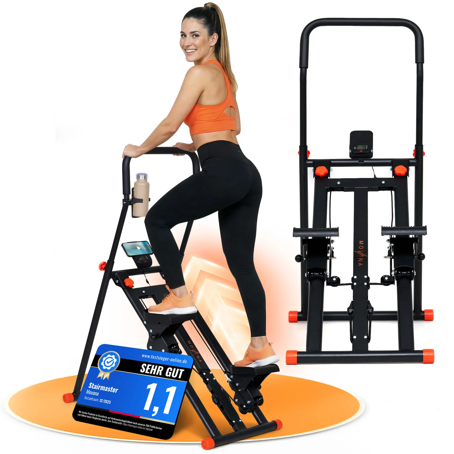 Frau trainiert auf dem Movana Stairmaster, rechts daneben das Gerät zusammengeklappt und das Siegel sehr gut 1,1